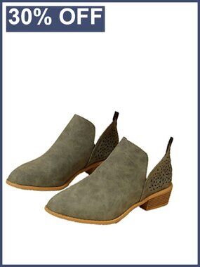 Women's Faux Leather Cutout Ankle Booties Slip On Low Block Heel Boots